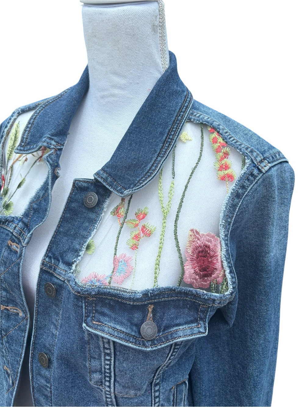 Handmade Floral Embroidered Denim Jacket Wearable Art Large - Picture 7 of 10